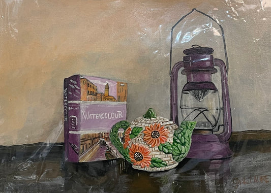 Still life book, teapot & lantern