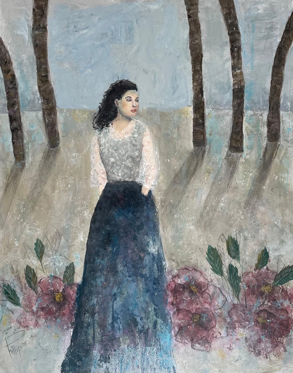 Lady with pink flowers and tree trunks